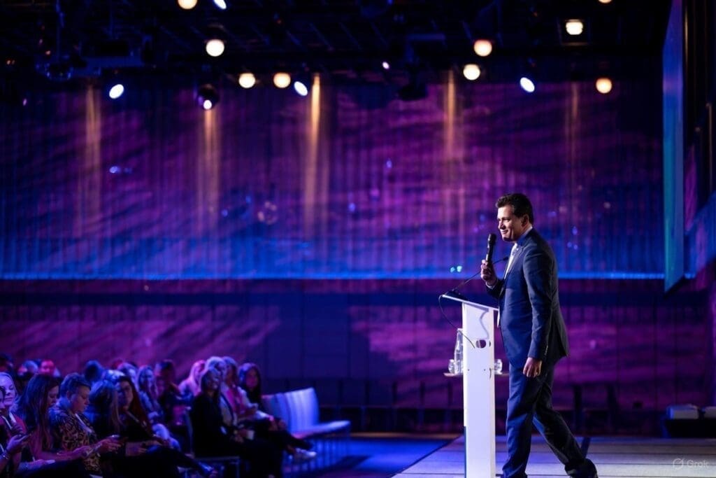 Rahul with microphone at a speaking engagement